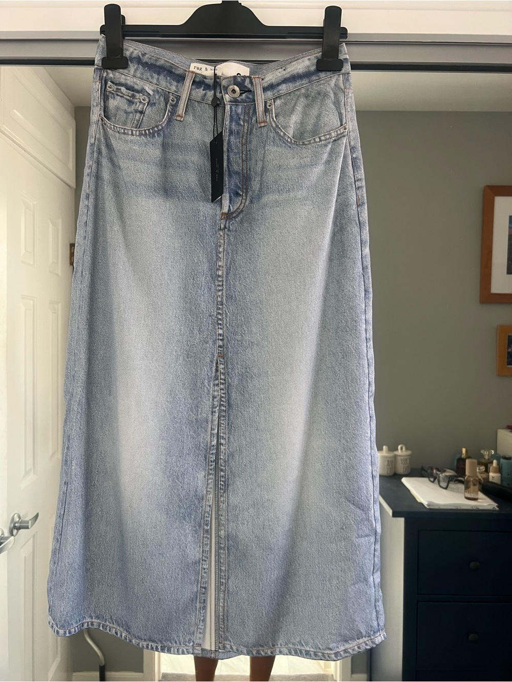 rag & bone Light Wash Denim Midi Pencil Skirt